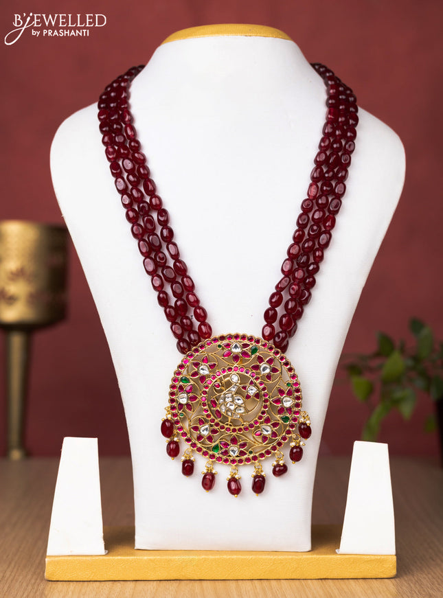 Jadau beaded maroon haaram peacock & floral pendant with jadau kundan stones and pearl & beads hanging without earrings