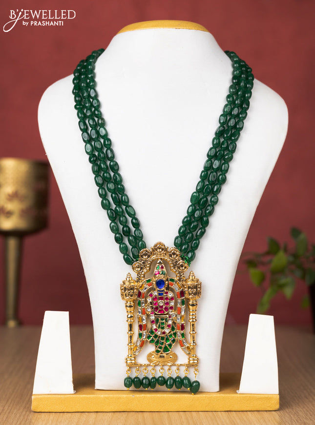Jadau beaded green haaram tirupati balaji pendant with multicolour jadau kundan stones and beads hanging without earrings