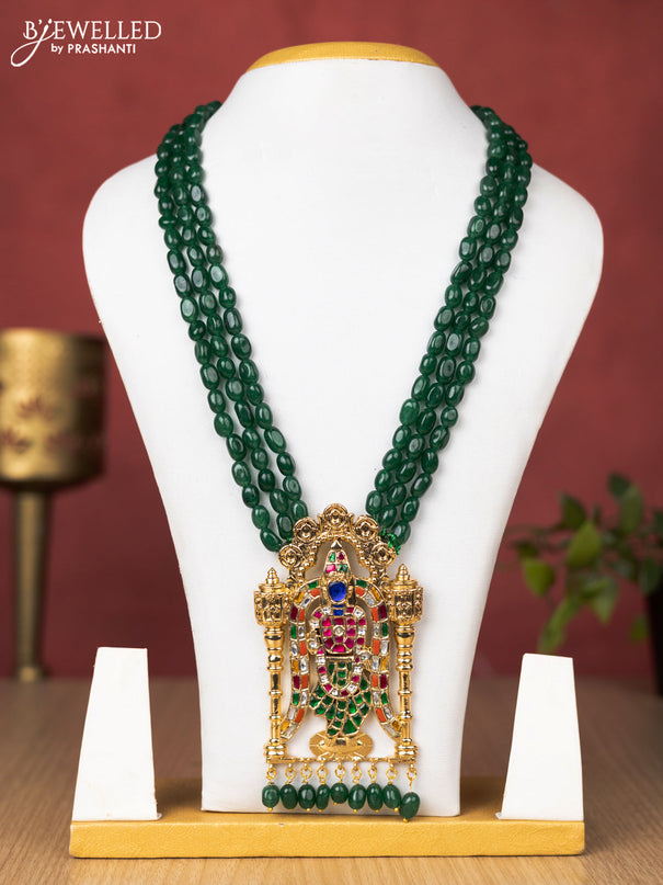 Jadau beaded green haaram tirupati balaji pendant with multicolour jadau kundan stones and beads hanging without earrings