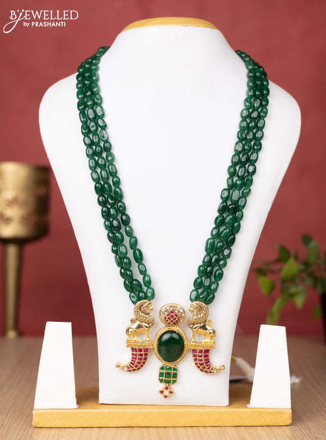 Jadau beaded green haaram puligoru pendant with jadau kundan stones without earrings