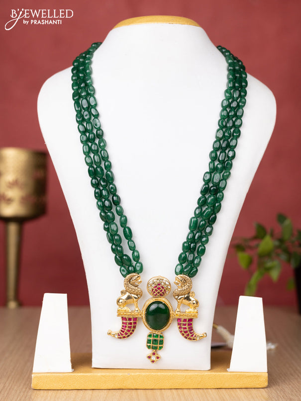 Jadau beaded green haaram puligoru pendant with jadau kundan stones without earrings