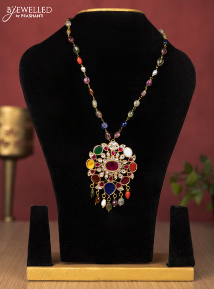 Jadau beaded necklace floral design with multicolour jadau kundan stones with natural beads hanging without earrings