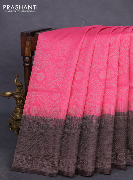 Pure soft silk saree candy pink and deep coffee brown with allover silver zari brocade weaves and long silver zari woven border