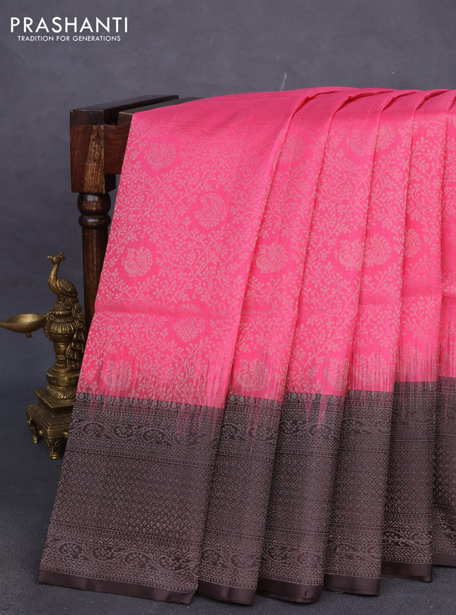 Pure soft silk saree candy pink and deep coffee brown with allover silver zari brocade weaves and long silver zari woven border