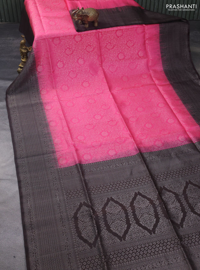 Pure soft silk saree candy pink and deep coffee brown with allover silver zari brocade weaves and long silver zari woven border