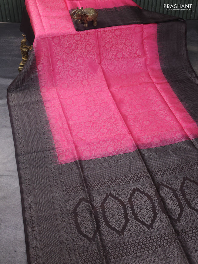 Pure soft silk saree candy pink and deep coffee brown with allover silver zari brocade weaves and long silver zari woven border