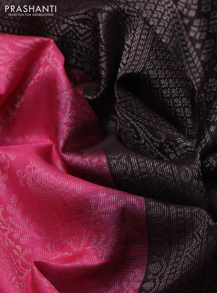 Pure soft silk saree candy pink and deep coffee brown with allover silver zari brocade weaves and long silver zari woven border