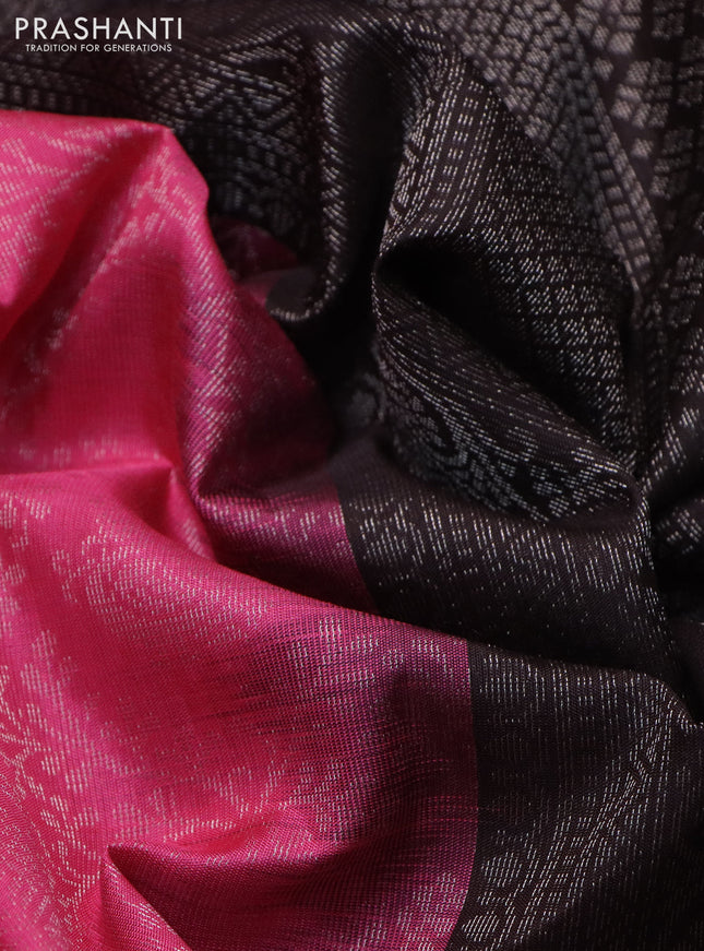 Pure soft silk saree candy pink and deep coffee brown with allover silver zari brocade weaves and long silver zari woven border