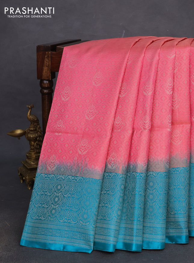 Pure soft silk saree pink and teal blue with allover silver zari brocade weaves and long silver zari woven border