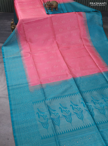 Pure soft silk saree pink and teal blue with allover silver zari brocade weaves and long silver zari woven border