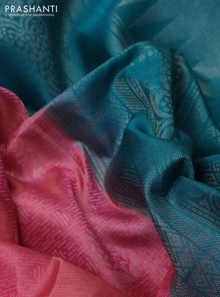 Pure soft silk saree pink and teal blue with allover silver zari brocade weaves and long silver zari woven border