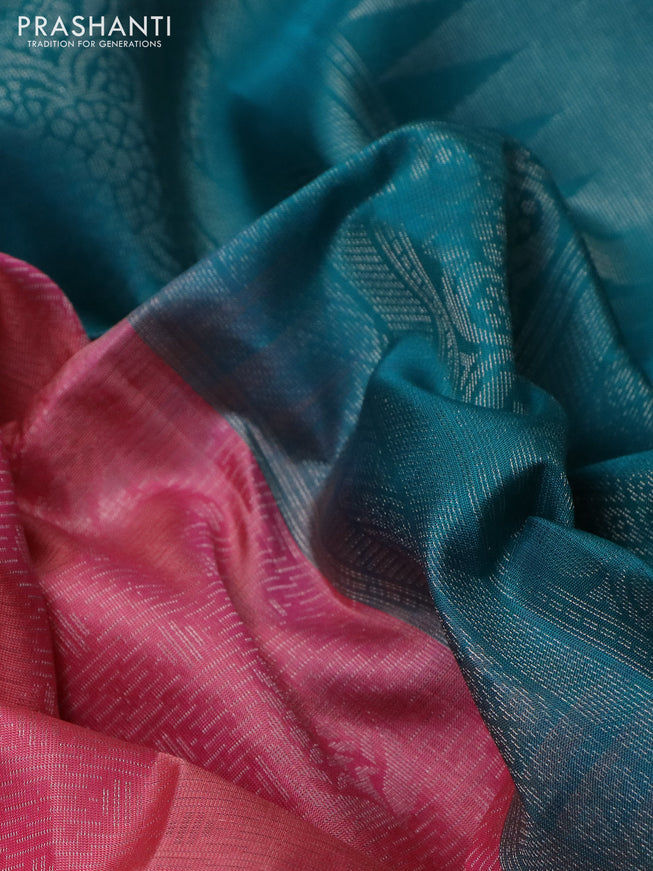 Pure soft silk saree pink and teal blue with allover silver zari brocade weaves and long silver zari woven border