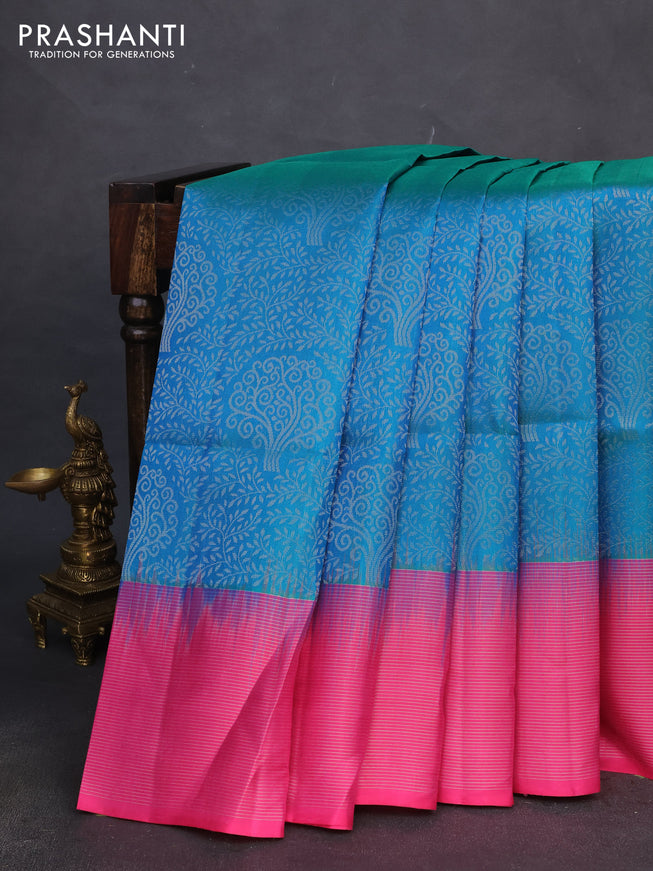 Pure soft silk saree dual shade of cs blue and pink with allover silver zari brocade weaves and zari woven border