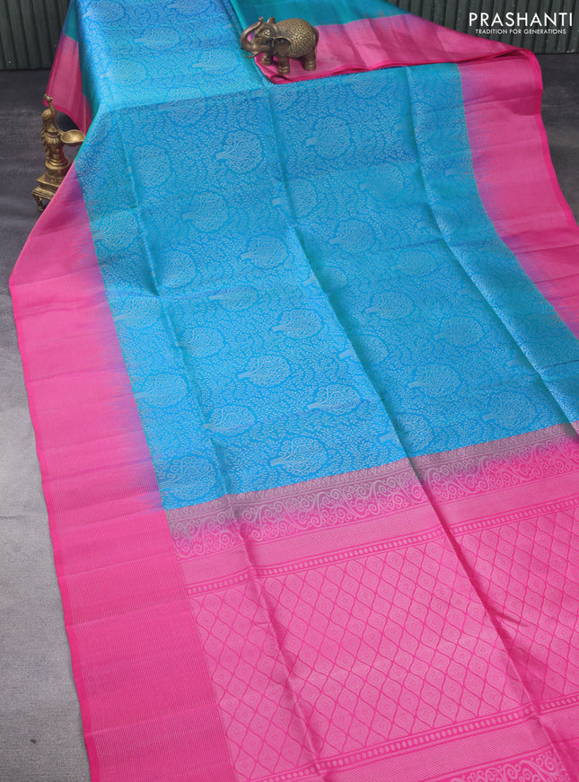 Pure soft silk saree dual shade of cs blue and pink with allover silver zari brocade weaves and zari woven border