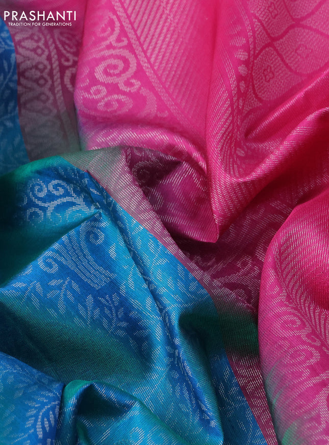 Pure soft silk saree dual shade of cs blue and pink with allover silver zari brocade weaves and zari woven border