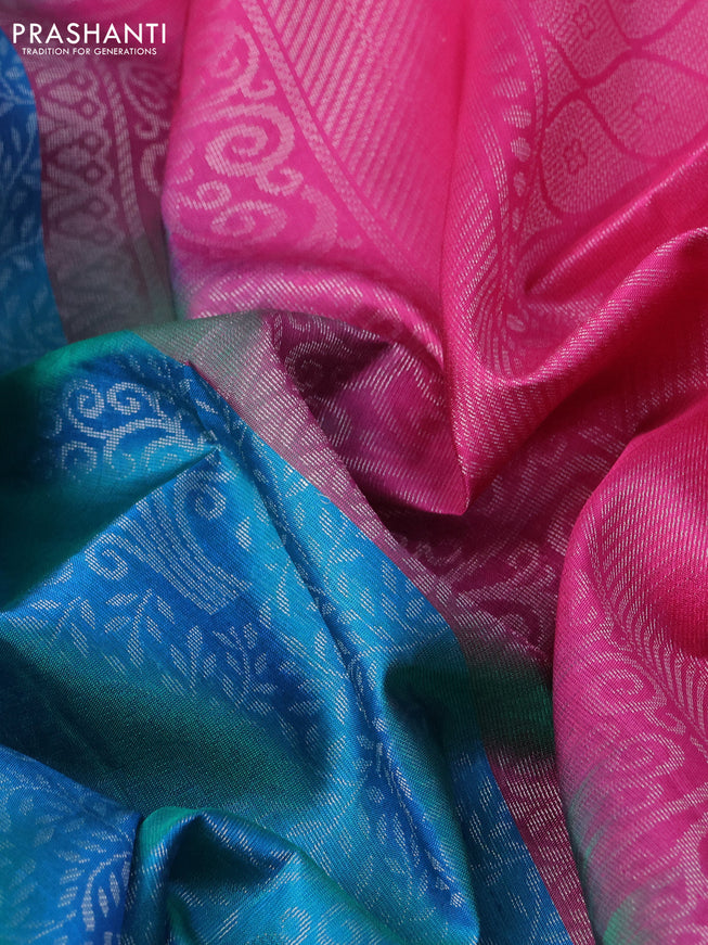 Pure soft silk saree dual shade of cs blue and pink with allover silver zari brocade weaves and zari woven border