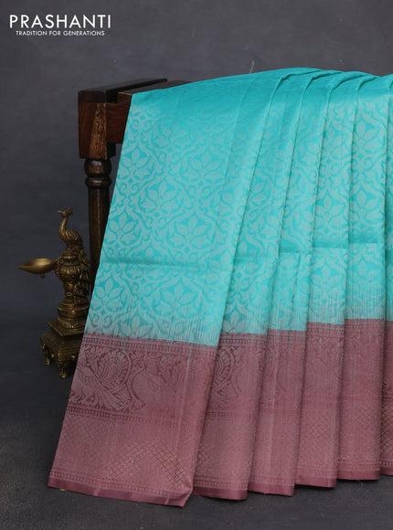 Pure soft silk saree teal shade and rosy brown with silver zari woven brocade weaves and silver zari woven annam border