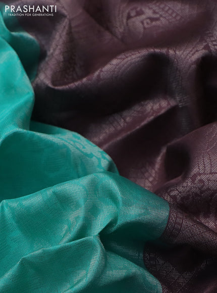 Pure soft silk saree teal shade and rosy brown with silver zari woven brocade weaves and silver zari woven annam border