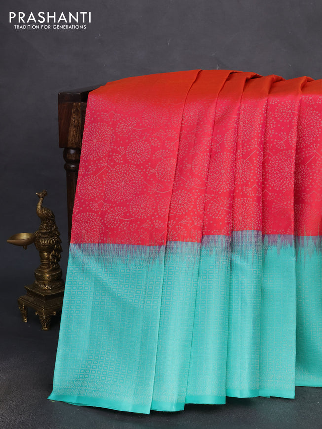 Pure soft silk saree dual shade of pinkish orange and teal shade with allover silver zari weaves and long silver zari woven border