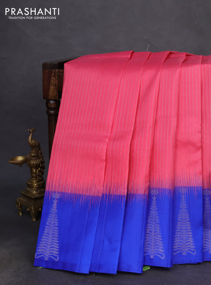 Pure soft silk saree peach pink and royal blue with allover silver zari weaves and silver zari woven butta border