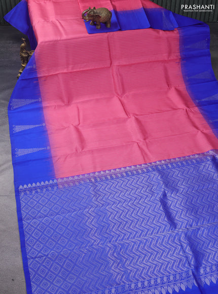 Pure soft silk saree peach pink and royal blue with allover silver zari weaves and silver zari woven butta border