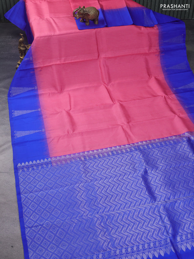 Pure soft silk saree peach pink and royal blue with allover silver zari weaves and silver zari woven butta border