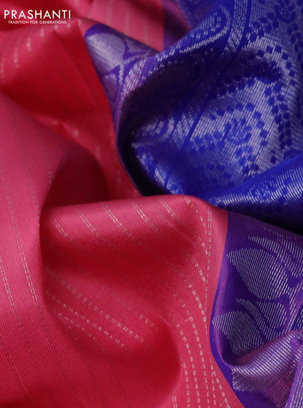 Pure soft silk saree peach pink and royal blue with allover silver zari weaves and silver zari woven butta border