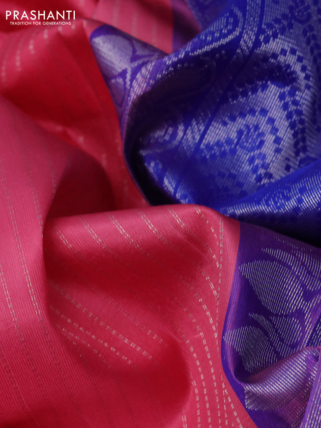 Pure soft silk saree peach pink and royal blue with allover silver zari weaves and silver zari woven butta border