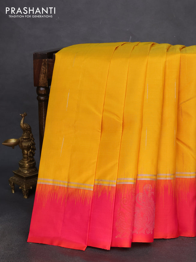 Pure soft silk saree mustard yellow and dual shade of pink with silver & copper zari woven buttas and zari woven butta border