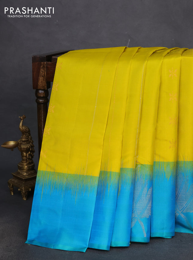 Pure soft silk saree lime yellow and dual shade of teal blue with allover zari weaves & buttas and zari woven butta border