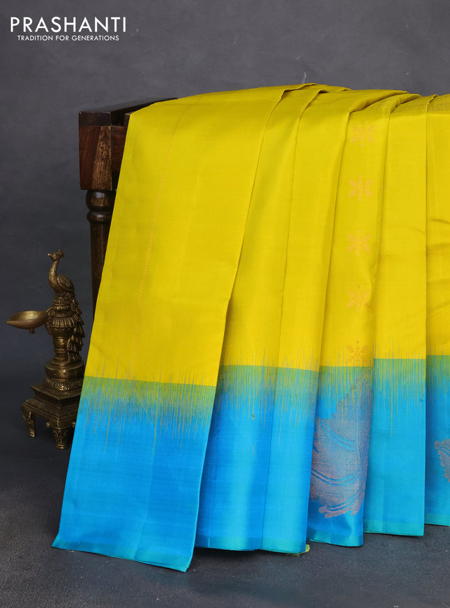 Pure soft silk saree lime yellow and dual shade of teal blue with allover zari weaves & buttas and zari woven butta border