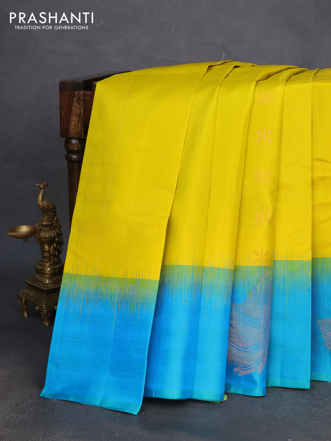 Pure soft silk saree lime yellow and dual shade of teal blue with allover zari weaves & buttas and zari woven butta border