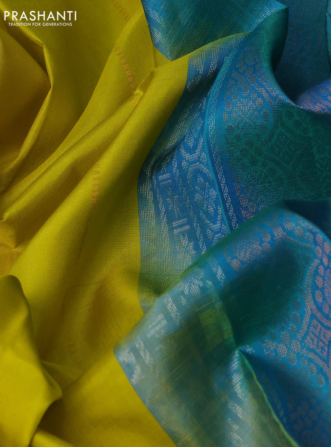 Pure soft silk saree lime yellow and dual shade of teal blue with allover zari weaves & buttas and zari woven butta border