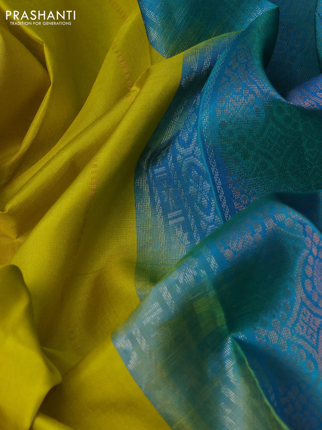 Pure soft silk saree lime yellow and dual shade of teal blue with allover zari weaves & buttas and zari woven butta border