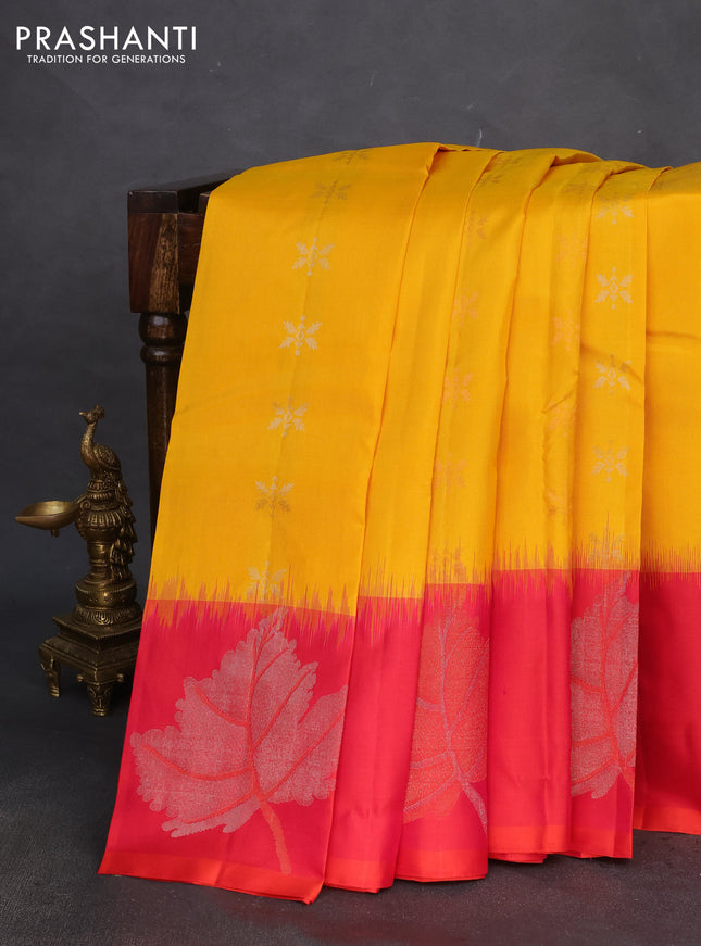 Pure soft silk saree mustard yellow and dual shade of pink with allover copper zari weaves & buttas and copper zari woven butta border