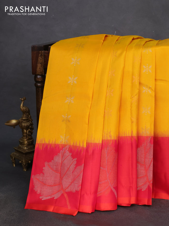 Pure soft silk saree mustard yellow and dual shade of pink with allover copper zari weaves & buttas and copper zari woven butta border