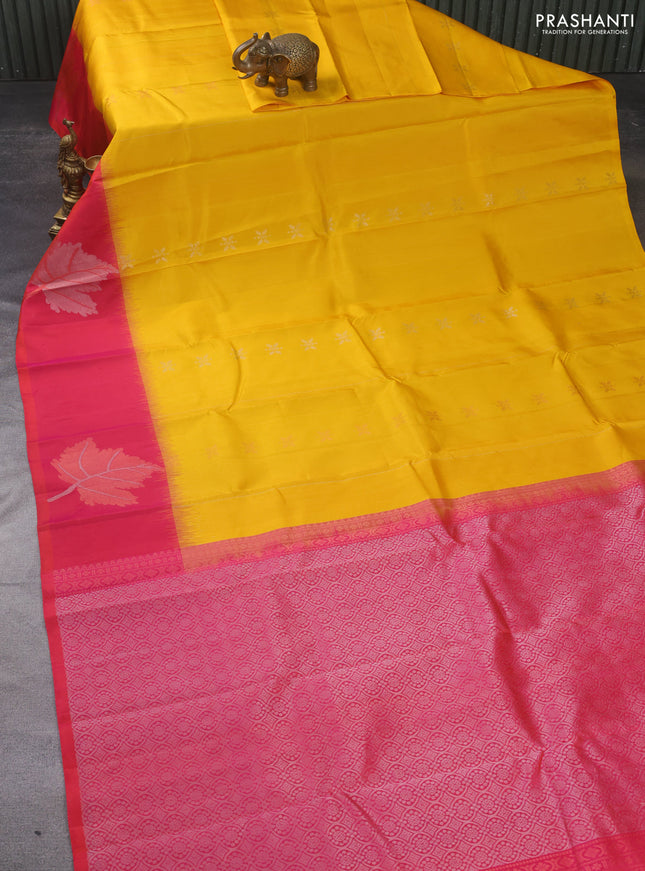 Pure soft silk saree mustard yellow and dual shade of pink with allover copper zari weaves & buttas and copper zari woven butta border
