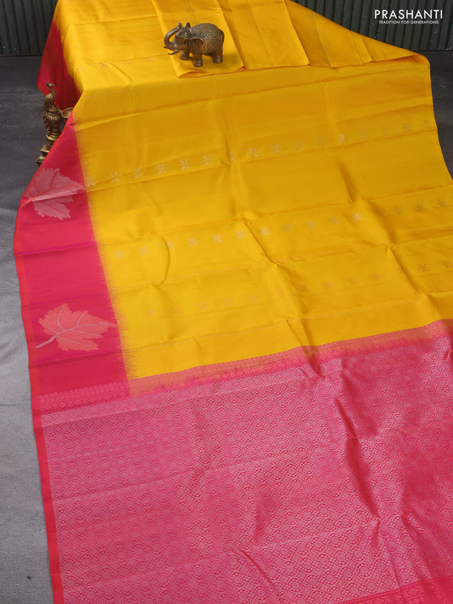Pure soft silk saree mustard yellow and dual shade of pink with allover copper zari weaves & buttas and copper zari woven butta border