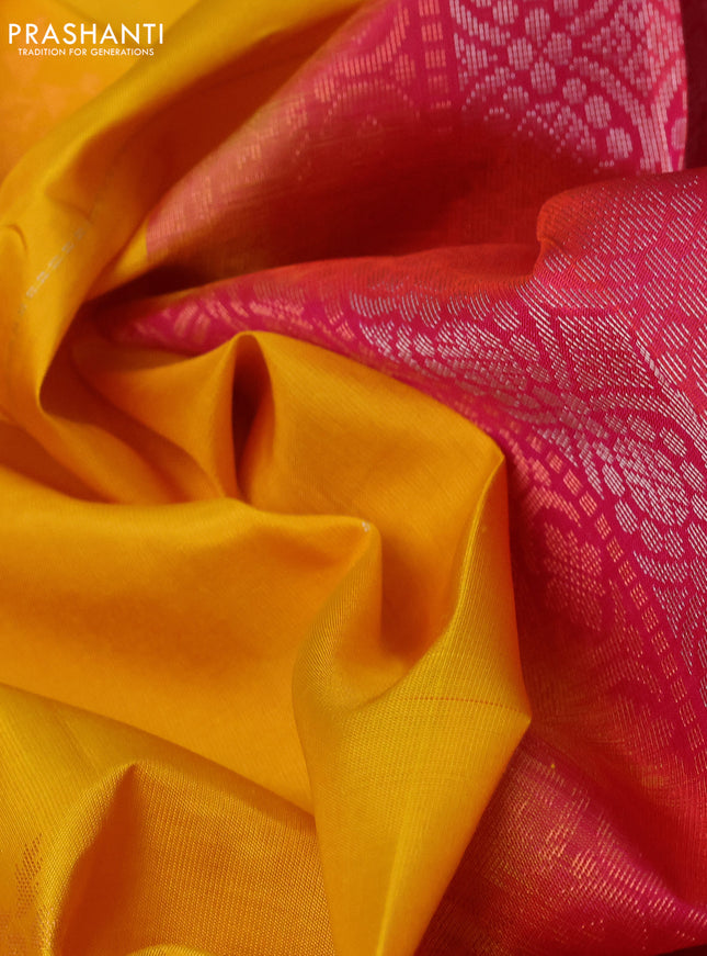 Pure soft silk saree mustard yellow and dual shade of pink with allover copper zari weaves & buttas and copper zari woven butta border