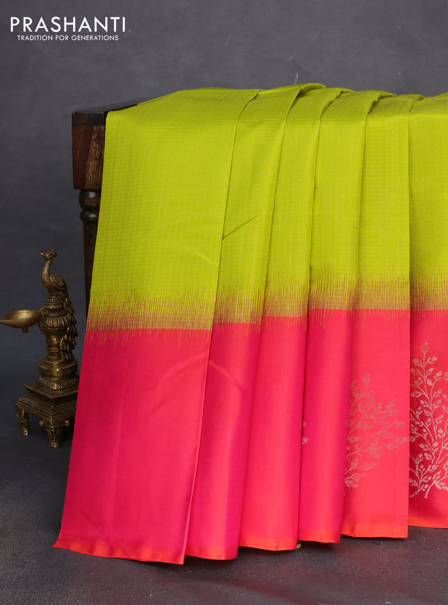 Pure soft silk saree lime green and dual shade of pink with allover zari checked pattern and silver zari woven butta border