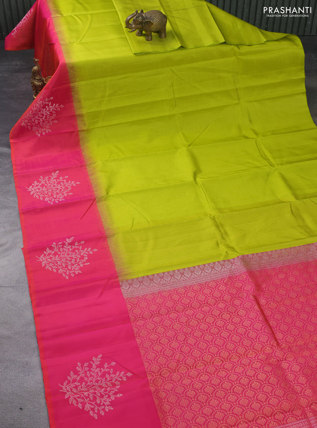 Pure soft silk saree lime green and dual shade of pink with allover zari checked pattern and silver zari woven butta border