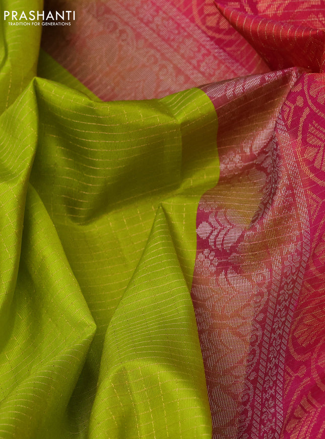 Pure soft silk saree lime green and dual shade of pink with allover zari checked pattern and silver zari woven butta border