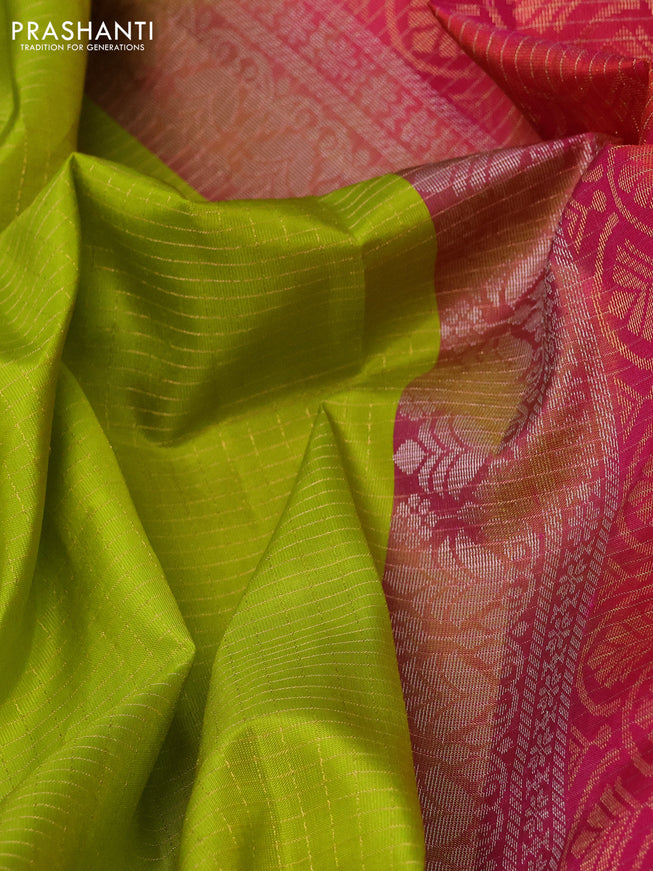 Pure soft silk saree lime green and dual shade of pink with allover zari checked pattern and silver zari woven butta border