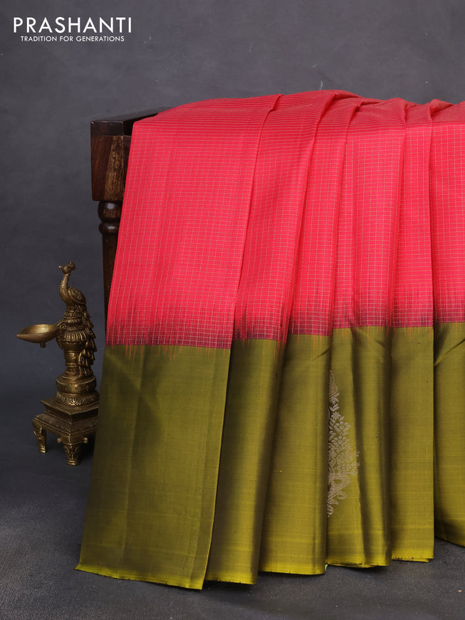 Pure soft silk saree pink and mehendi green with allover zari checked pattern and silver zari woven butta border