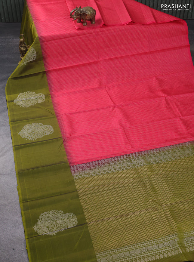 Pure soft silk saree pink and mehendi green with allover zari checked pattern and silver zari woven butta border