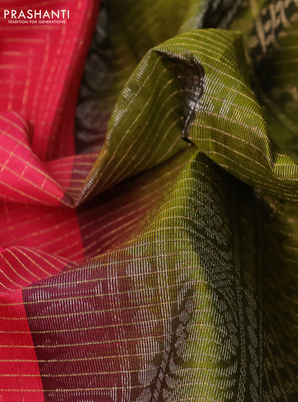 Pure soft silk saree pink and mehendi green with allover zari checked pattern and silver zari woven butta border