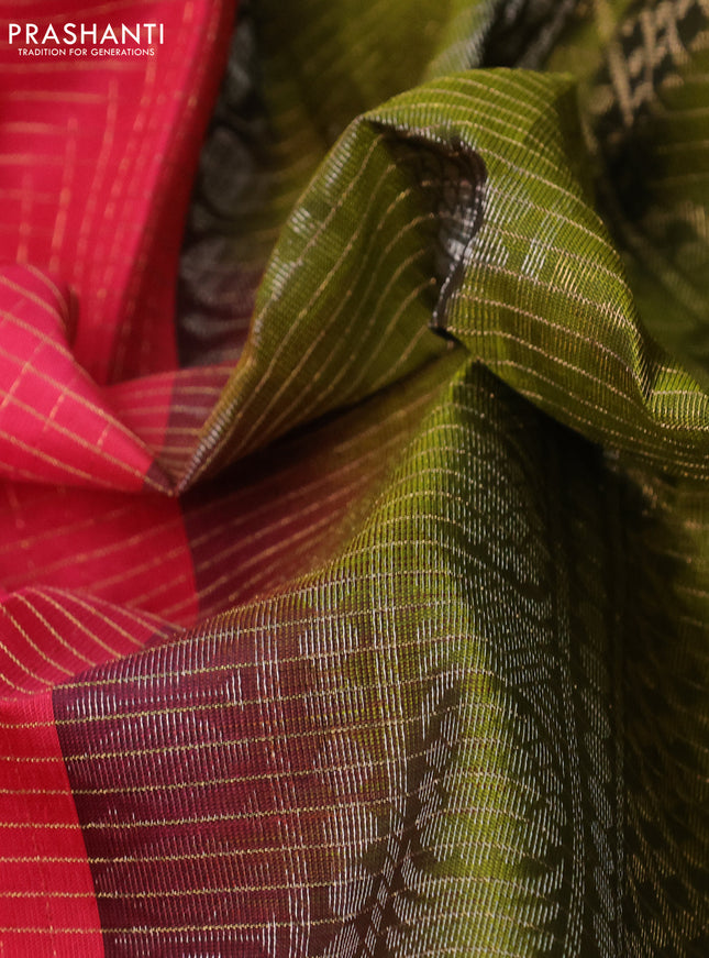 Pure soft silk saree pink and mehendi green with allover zari checked pattern and silver zari woven butta border