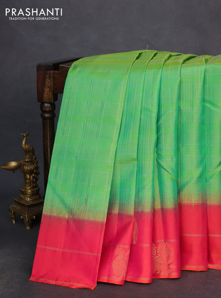 Pure soft silk saree dual shade of green and dual shade of pink with allover silver zari checked pattern and zari woven butta border