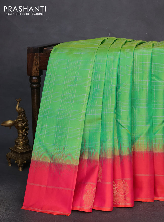 Pure soft silk saree dual shade of green and dual shade of pink with allover silver zari checked pattern and zari woven butta border