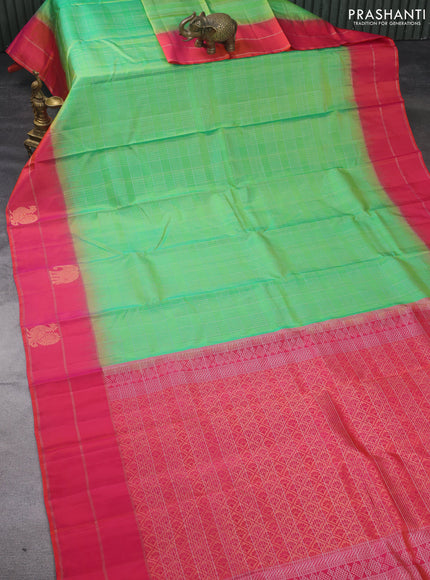 Pure soft silk saree dual shade of green and dual shade of pink with allover silver zari checked pattern and zari woven butta border